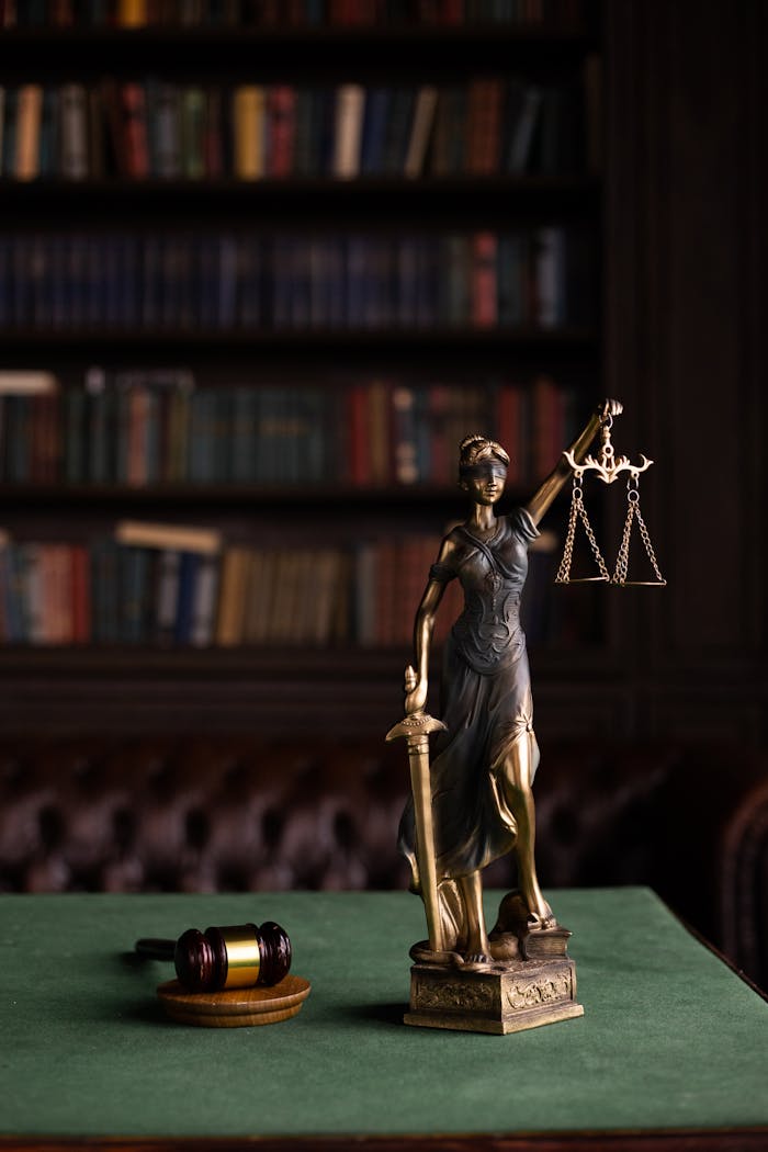 heros-img Lady Justice and gavel on a table in a classic law library setting.